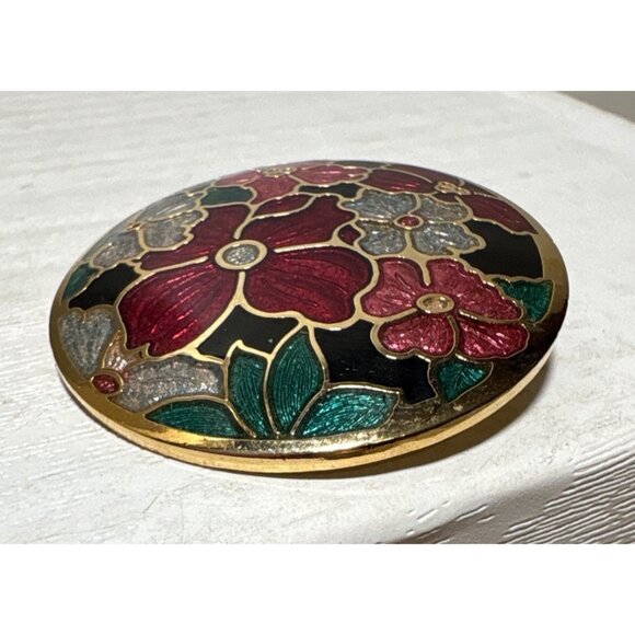 Celtic Sea Gems Gold Tone Enamel Floral Brooch Pin Red Silver Flowers 1.5" - Picture 5 of 8